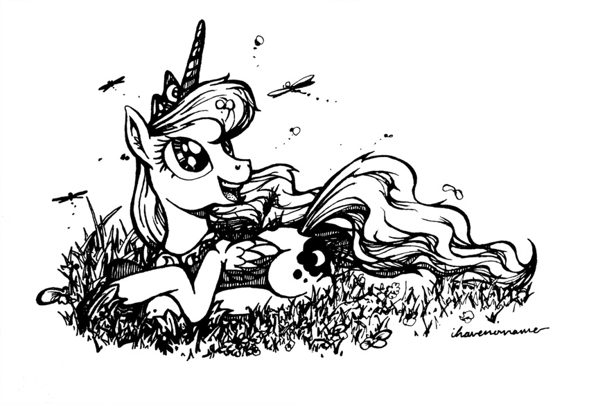 arthropod crown cutie_mark equine female feral friendship_is_magic horn horse ihavnoname insect lying mammal monochrome my_little_pony on_front open_mouth plain_background pony princess_luna_(mlp) solo white_background winged_unicorn wings