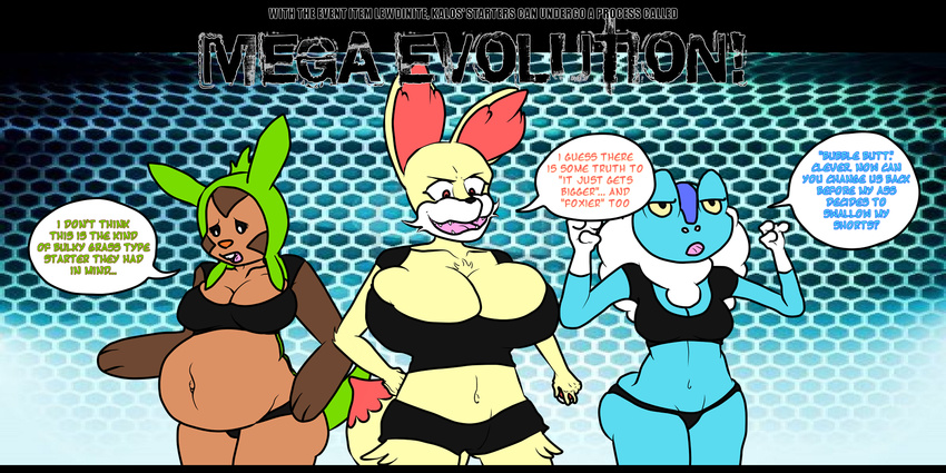 anthro big_breasts big_butt breasts butt canine chespin cleavage clothed clothing driflewd english_text female fennec fennekin fox froakie frog huge_breasts mammal nintendo pok&#233;mon pok&#233;morph pok&eacute;mon pok&eacute;morph pregnant text video_games