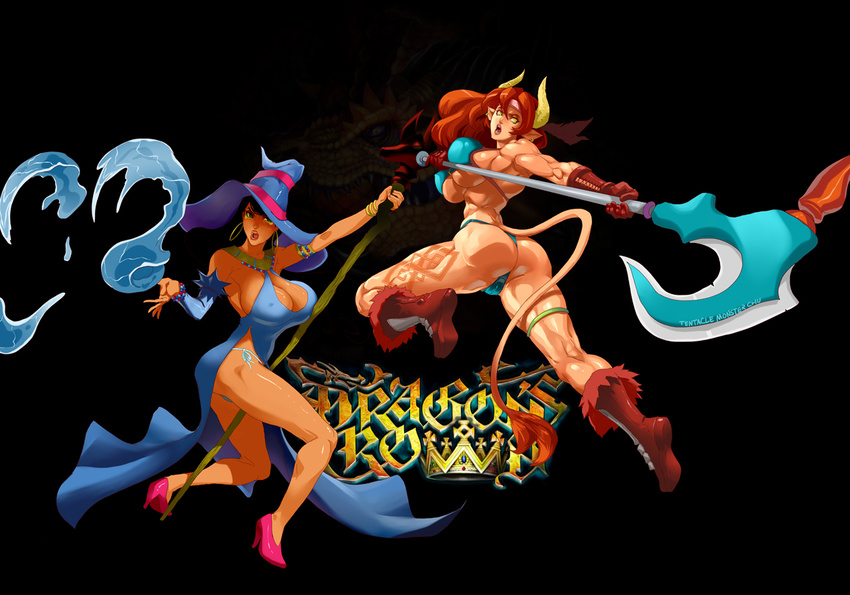 axe big_breasts bikini black_hair breasts butt cleavage clothed clothing corruption_of_champions crossover crown dragon dragon's_crown dragon's_crown dress ear_piercing english_text erect_nipples excellia_(coc) farah female green_eyes hair horn huge_breasts human legend_of_queen_opala long_hair magic magic_user mammal minotaur muscles muscular_female nipples piercing polearm red_hair skimpy sparrow_(artist) staff swimsuit tattoo text thebigmansini tight_clothing video_games weapon yellow_eyes