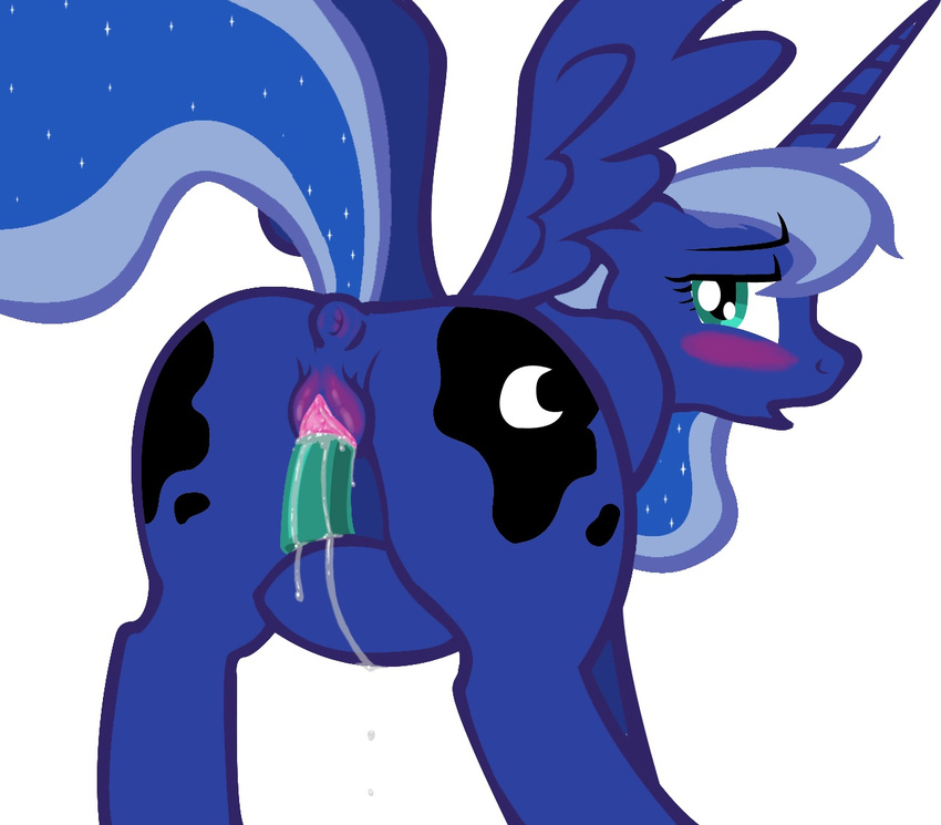 anus blue_fur blush cutie_mark equine female feral friendship_is_magic fur green_eyes horn horse ihavnoname insertion looking_at_viewer looking_back mammal masturbation my_little_pony penetration plain_background pony princess_luna_(mlp) pussy pussy_juice solo vaginal vaginal_insertion vaginal_penetration white_background winged_unicorn wings
