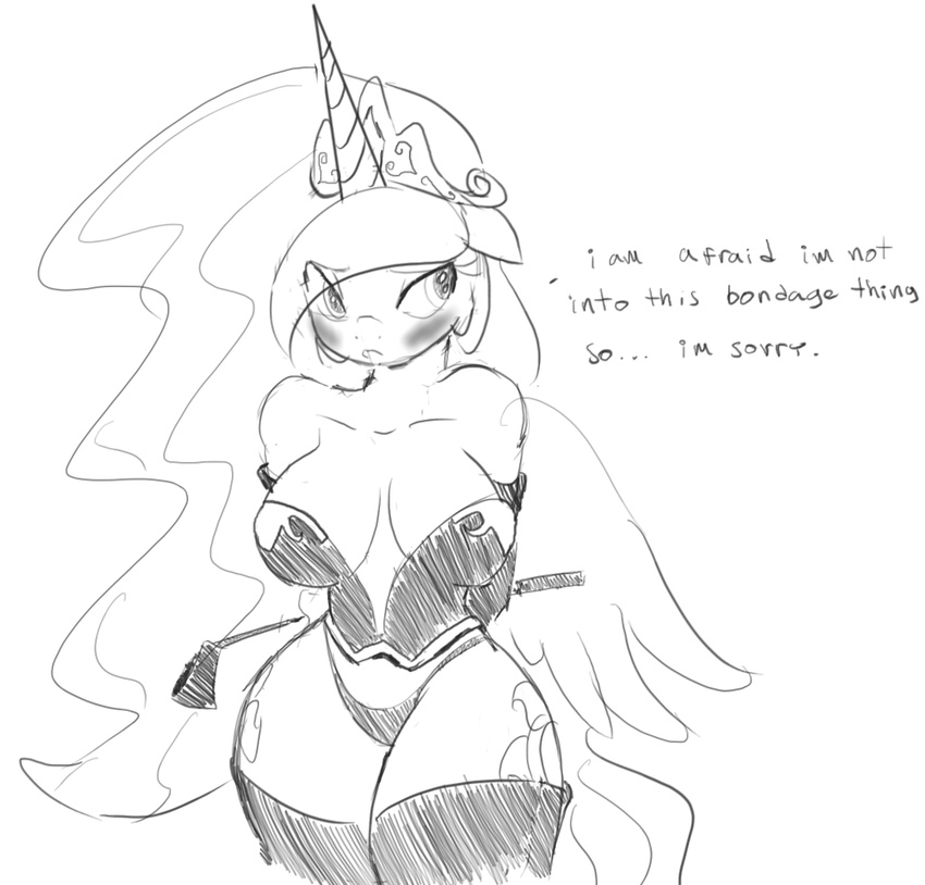 anthrofied big_breasts blush breasts cleavage clothed clothing corset cutie_mark dialog elbow_gloves equine female friendship_is_magic gloves horn horse legwear looking_away mammal monochrome my_little_pony panties pony princess princess_celestia_(mlp) riding_crop royalty solo standing stockings text tiara underwear voluptuous whip winged_unicorn wings zev