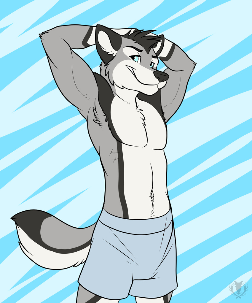 anthro arms_behind_head biceps blue_eyes boxers canine dog fur grey_fur husky male mammal muscles pecs plain_background smile solo underwear vallhund