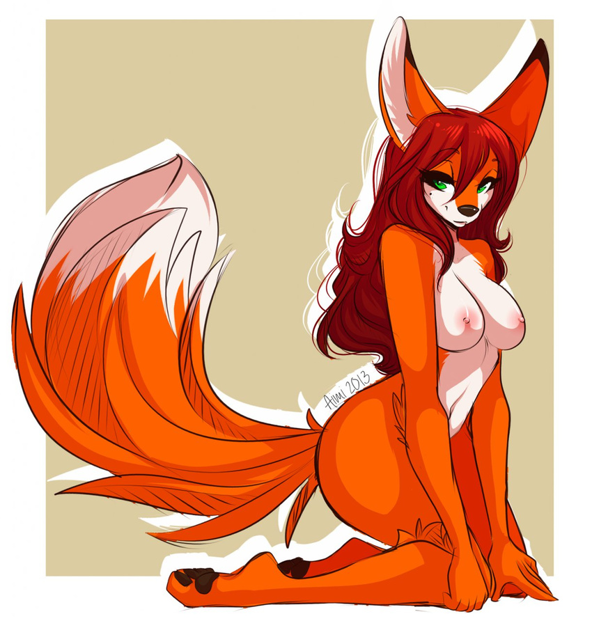 aimi anthro black_nose breasts canine female fennec fluffy_tail fox fur green_eyes hair hindpaw kneeling long_hair looking_at_viewer mammal nipples orange_fur pawpads paws red_hair smile solo thighs white_fur