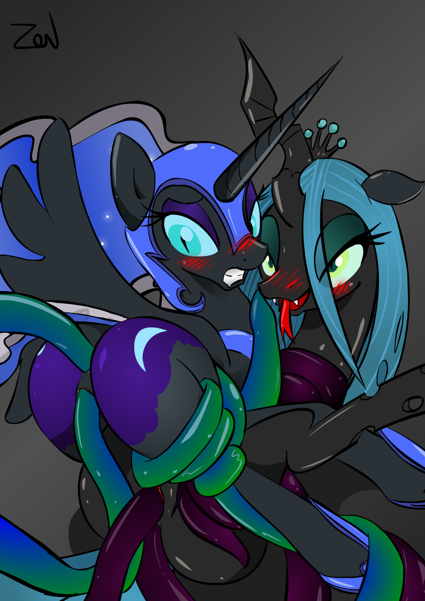 anal_penetration blush butt changeling cutie_mark double_penetration equine female feral flank forked_tongue friendship_is_magic helmet horn horse mammal my_little_pony nightmare_moon_(mlp) penetration queen_chrysalis_(mlp) royalty tentacles tongue vaginal vaginal_penetration winged_unicorn wings zev