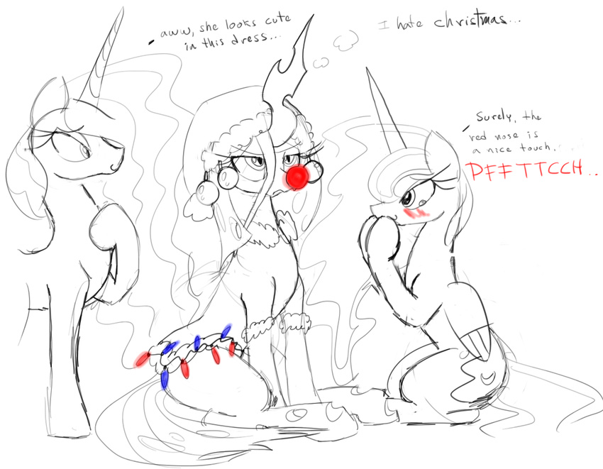 changeling christmas cute equine female feral friendship_is_magic hat holidays horn mammal my_little_pony princess_celestia_(mlp) princess_luna_(mlp) queen_chrysalis_(mlp) winged_unicorn wings zev