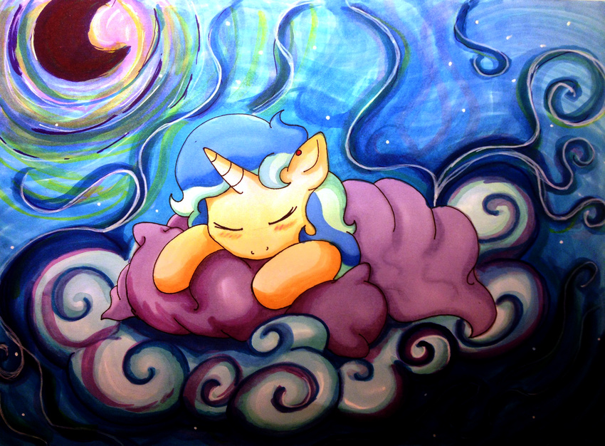 blue_hair blush bright chibi cloud colorful covers creative cute dark drawing dream equine female feral fur hair horn horse lying magic mammal marker_(art) mirry92 mixed_media moon moonlight my_little_pony night on_stomach original_character pen_(art) pencil pillow pillow_hug pony promarker sky sleeping solo sona sparkle spiral tina_fountain_heart traditional_media yellow_fur