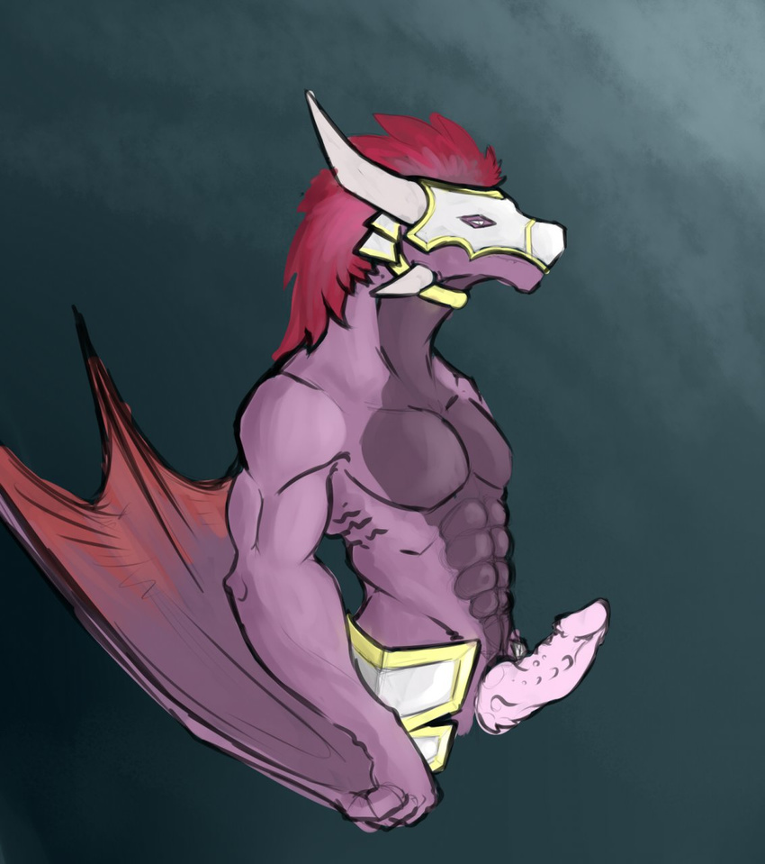 abs anthro balls barbs biceps big_muscles big_penis bottomless covertcanine dragon erection hair horn knot male mask muscles nude pecs penis pose presenting purple_skin red_hair reptile scales scalie sheath slit solo standing toned topless white_eyes wings