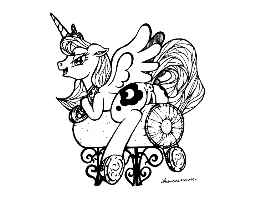 anus crown cutie_mark equine female feral friendship_is_magic horn horse ihavnoname looking_at_viewer looking_back lying mammal monochrome my_little_pony on_front plain_background pony princess_luna_(mlp) pussy solo white_background winged_unicorn wings