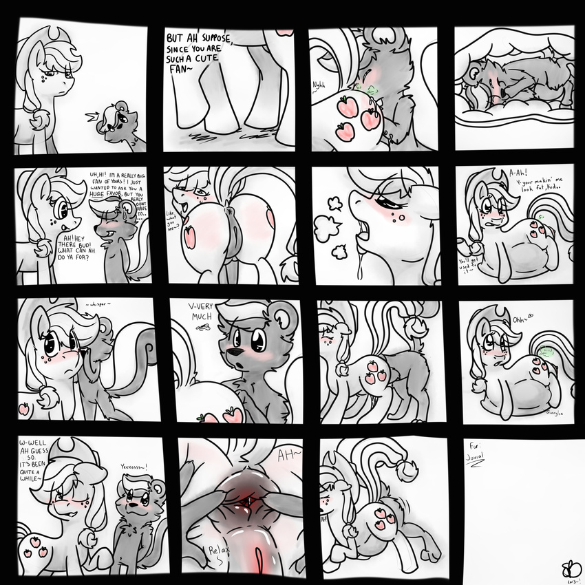 absurd_res anal anal_insertion anal_penetration anal_vore anthro anus applejack_(mlp) backsash big_butt black_and_white black_nose blush breasts butt comic cowboy_hat cutie_mark dialog duo english_text equine eyes_closed fart female feral fluffy freckles friendship_is_magic fur gas hair hat hi_res horse insertion internal looking_back male mammal monochrome my_little_pony nude one_eye_closed open_mouth penetration plain_background pony presenting presenting_hindquarters pussy rectum shadow skunk smile spread_anus spreading spreading_anus teeth text tongue tongue_out vorarephilia vore wink