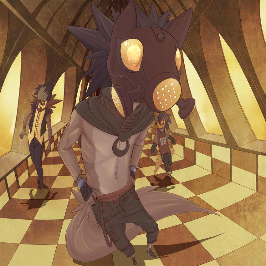 ambiguous_gender anthro black_hair canine checkered checkered_floor clothed clothing dog fingerless_gloves fisheye gas_mask gloves group hair hi_res male mammal monster perspective punk rudragon unknown_species walking