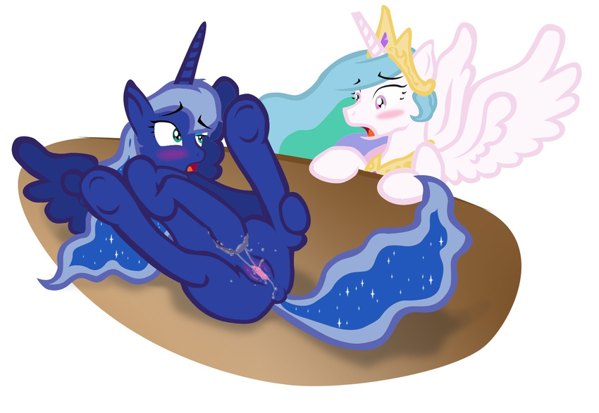 anus blue_fur blush caught crown equine female feral friendship_is_magic fur green_eyes horn horse ihavnoname looking_back mammal masturbation my_little_pony plain_background pony princess_celestia_(mlp) princess_luna_(mlp) pussy pussy_juice semi_incest solo spread_legs spreading watching white_background winged_unicorn wings
