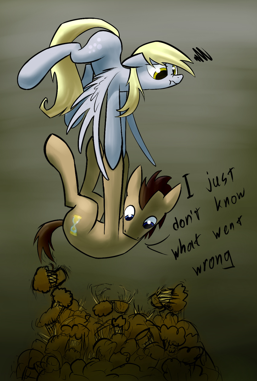 :3 blonde_hair blue_eyes brown_hair derp_eyes derpy_hooves_(mlp) dialog doctor_whooves_(mlp) duo english_text equine female feral flying food friendship_is_magic hair horse male mammal muffin my_little_pony pegasus pony teeth text underpable wings yellow_eyes