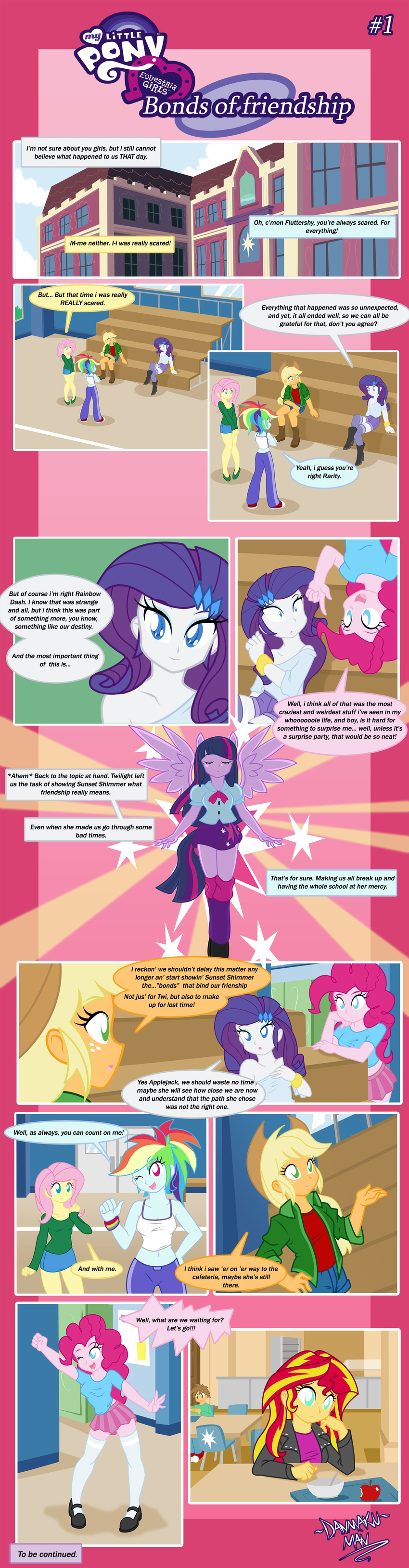 apple applejack_(eg) blonde_hair blue_eyes building clothing comic cowboy_hat danmakuman english_text equestria_girls female fluttershy_(eg) fruit green_eyes hair hat human mammal multi-colored_hair my_little_pony outside pink_hair pinkie_pie_(eg) purple_eyes purple_hair rainbow_dash_(eg) rainbow_hair rarity_(eg) red_hair school sitting sunset_shimmer_(eg) text twilight_sparkle_(eg) two_tone_hair window wings