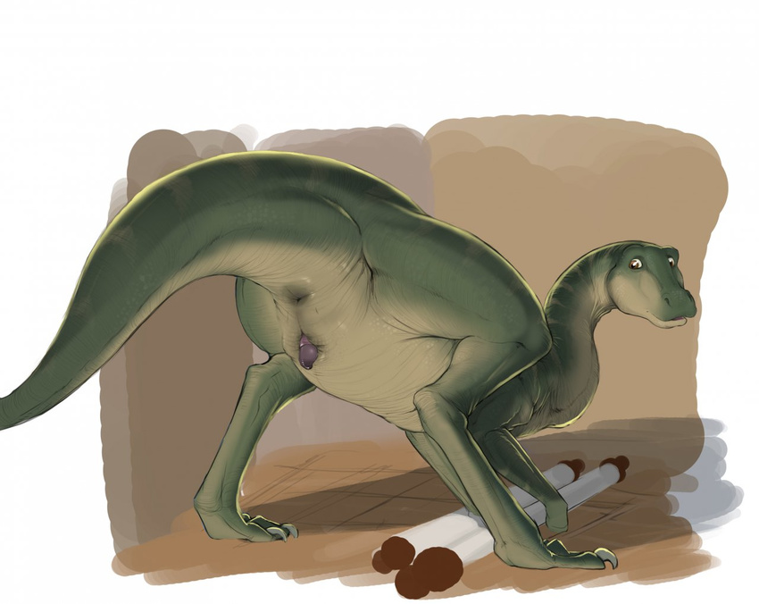 anus digitigrade dinosaur dinotopia feral genital_slit half-erect looking_back male narse nude penis scalie scroll slit solo spread_legs spreading theropod troodon zippo zippo_(dinotopia)