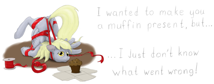 anus blonde_hair bound cutie_mark derpy_hooves_(mlp) english_text equine female feral food friendship_is_magic fur grey_fur hair hi_res horse mammal muffin my_little_pony pegasus pony sean_mirrsen solo text wings yellow_eyes