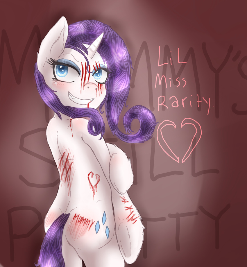 blood blue_eyes blush cutie_mark english_text equine eyeshadow female friendship_is_magic fur grin hair horn horse kamiraceeker long_hair makeup mammal my_little_pony pony purple_hair rarity_(mlp) scar scratches solo standing text unicorn white_fur