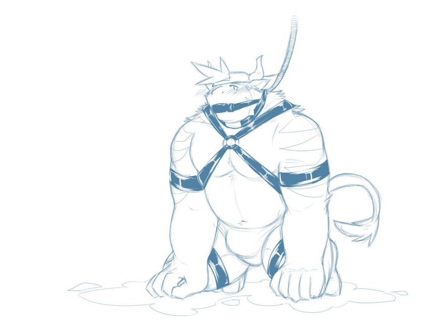 biceps big_muscles bit_gag bondage bound bovine bulge cattle chubby clothed clothing collar gag harness hat horn kneeling leash line_art looking_at_viewer male mammal monochrome musclegut muscles pecs plain_background rikitsu sketch skimpy solo topless underwear white_background