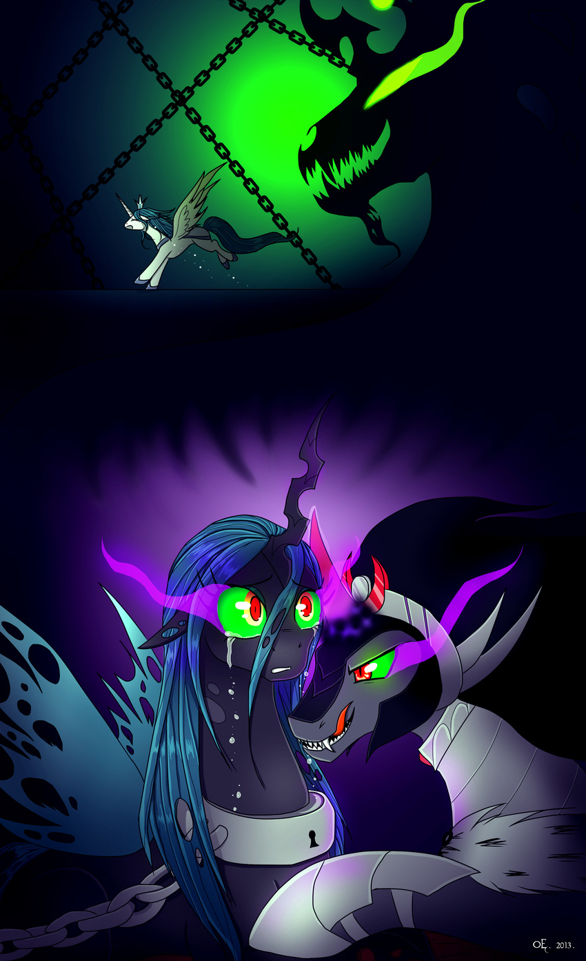 armor black_hair blue_fur blue_hair chain changeling collar crown crying duo equine eye_mist eyes_closed fangs female feral friendship_is_magic fur green_eyes green_hair hair horn king_sombra_(mlp) male mammal my_little_pony open_mouth queen_chrysalis_(mlp) red_eyes smile tears teeth tongue unicorn white_fur winged_unicorn wings yula568