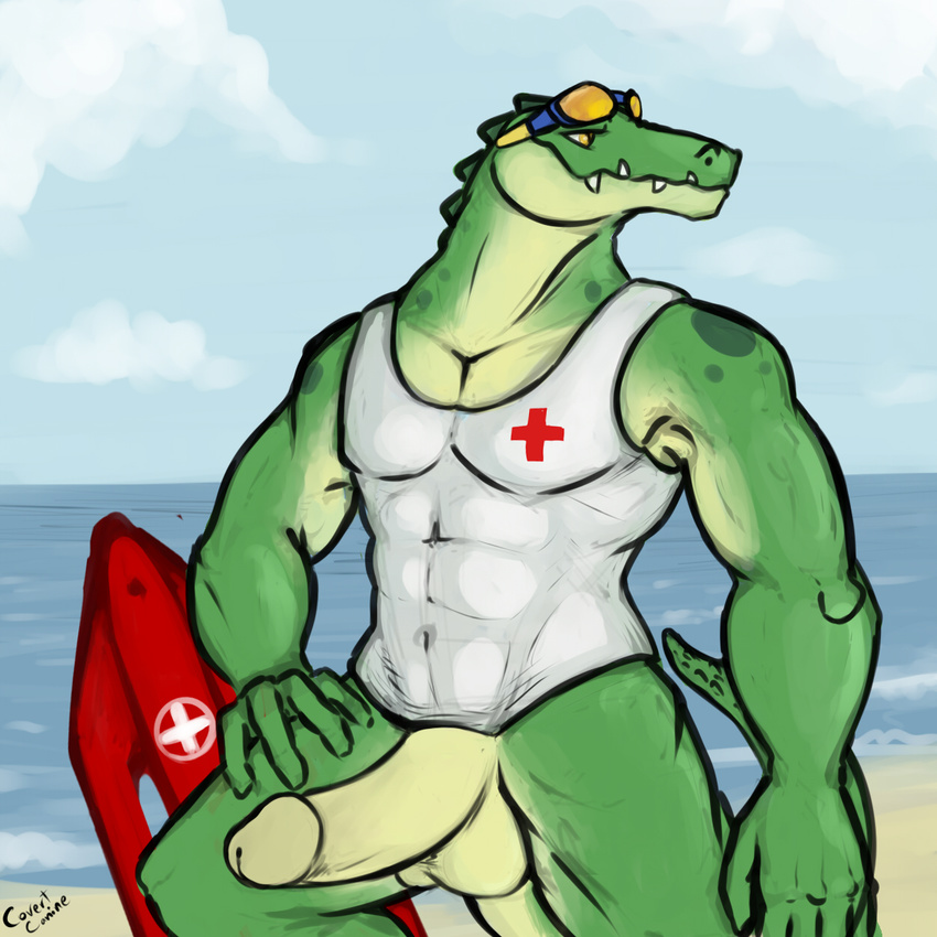 2013 5_fingers abs anthro bald balls beach biceps big_muscles big_penis black_eyes bottomless clothed clothing cloud covertcanine crocodile erection eyewear fangs goggles green_nose green_penis green_skin grin half-dressed happy humanoid_penis league_of_legends lifeguard lizard looking_away male manly muscles nude outside pecs penis pose presenting renekton reptile sand scales scalie sea seaside sharp_teeth shirt skin sky smile solo standing sunny tank_top teeth thick_penis tight_clothing toned video_games water white_eyes yellow_eyes yellow_penis yellow_skin