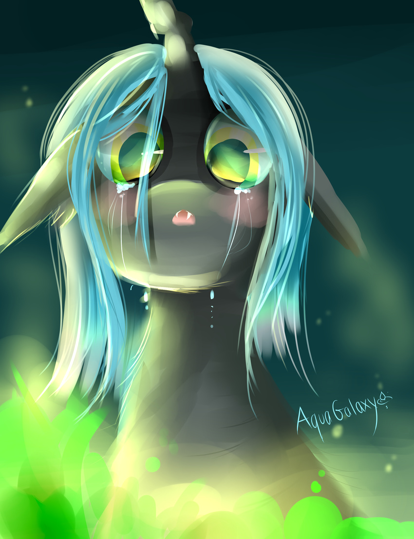 aquagalaxy black_body blue_hair changeling crying fangs female feral friendship_is_magic green_eyes hair horn looking_at_viewer my_little_pony open_mouth queen_chrysalis_(mlp) sad solo tears