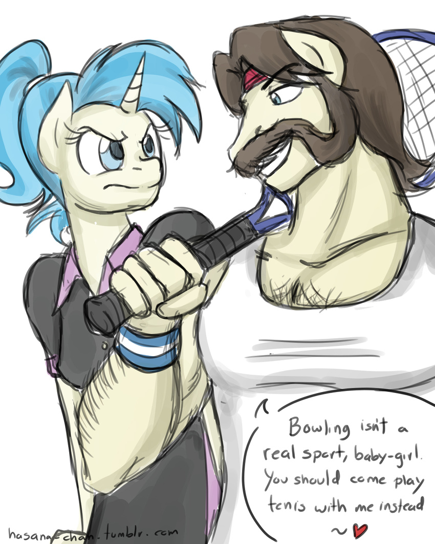 ace_(mlp) allie_way_(mlp) angry annoyed anthro anthrofied blue_eyes blue_hair body_hair brown_hair chest_hair clothing duo equine facial_hair female flirt flirting friendship_is_magic hair hasana-chan headband horn horse male mammal mustache my_little_pony plain_background pony racket shirt sweatband tank_top tennis_racket unicorn vest white_background