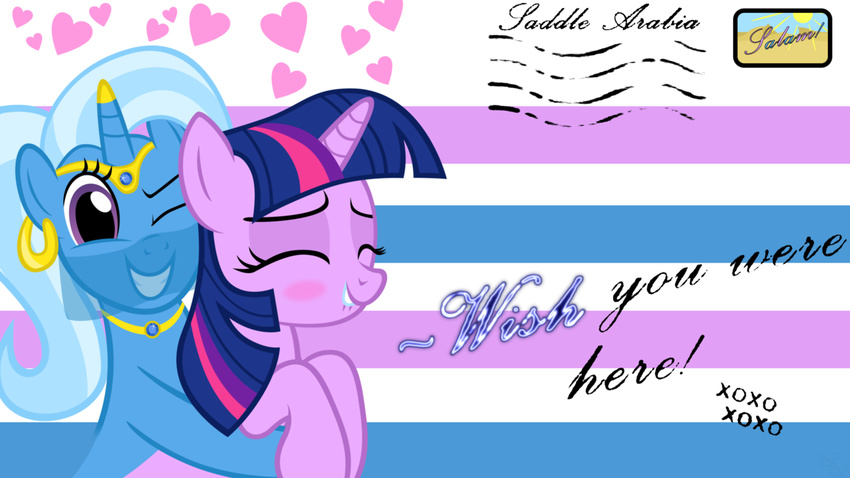 blue_hair equine eyes_closed female feral friendship_is_magic genie hair horn horse mammal my_little_pony navitaserussirus pony postcard purple_eyes smile teeth trixie trixie_(mlp) twilight_sparkle_(mlp) unicorn