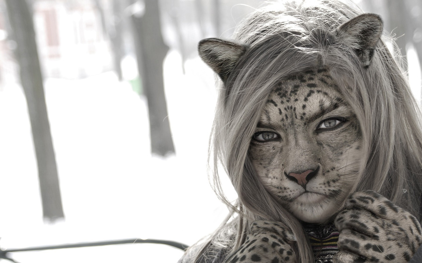 edit feline female hair leopard long_hair looking_at_viewer mammal odysseusut photo_manipulation photomorph real snow_leopard solo spots