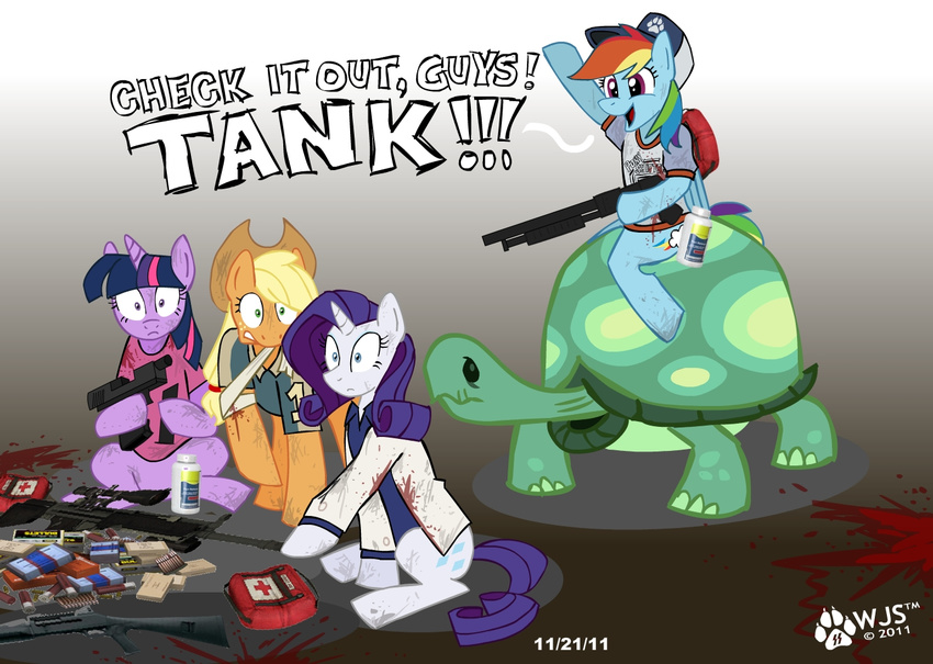 applejack_(mlp) clothing equine feral friendship_is_magic group gun horn horse left_4_dead_(series) male mammal my_little_pony pegasus pony rainbow_dash_(mlp) ranged_weapon rarity_(mlp) size_difference tank_(mlp) tortoise twilight_sparkle_(mlp) unicorn valve video_games weapon wings wolfjedisamuel