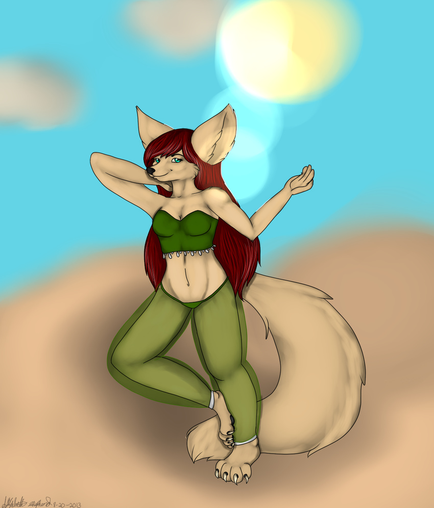 4_toes alizabeth_shepherd anthro barefoot beige_background belly_dancer belly_dancing big_ears black_nose blue_eyes breasts canine claws clothing cloud clouds cyan_background cyan_eyes desert female fennec fluffy fox fur hair harem_girl hindpaw looking_at_viewer mammal outside pawpads paws plain_background sand sky smile solo soraya_elcar standing sun tan_fur teal toes translucent transparent_clothing