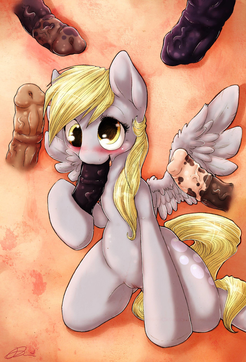 amber_eyes blonde_hair blush cutie_mark derpy_hooves_(mlp) dimwitdog disembodied_penis equine fellatio female feral friendship_is_magic fur grey_fur group hair horse male mammal my_little_pony oral oral_sex pegasus penis pony pussy sex straight vein veiny_penis wings
