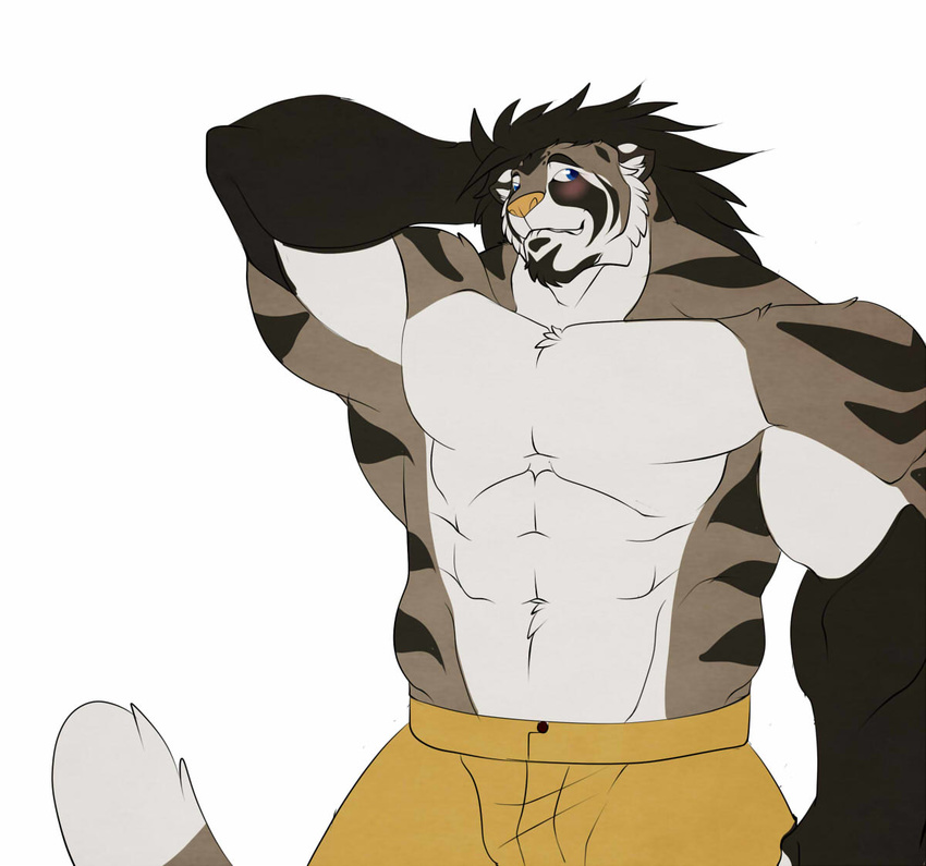 anthro arm_behind_head biceps big_muscles black_fur black_hair blue_eyes blush body_markings chest_tuft clothed clothing dazen_(character) dazen_cobalt feline flexing fur grey_fur grin hair half-dressed male mammal markings muscles pants pecs pink_nose plain_background pose shorts smile solo standing teeth tiger toned topless tuft white_background white_fur