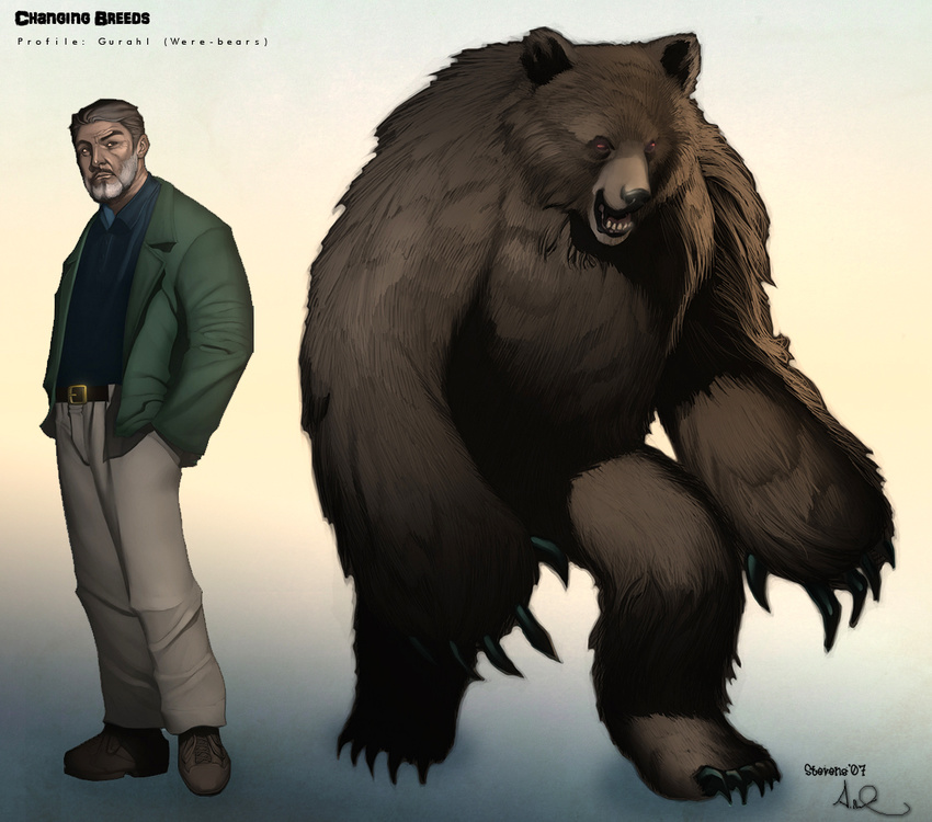 bear beard belt brown_hair christopher_stevens claws clothed clothing drupec dual_persona duo facial_hair grey_hair hair human male mammal pants shoes standing teeth trousers were werebear white_wolf_publishing world_of_darkness