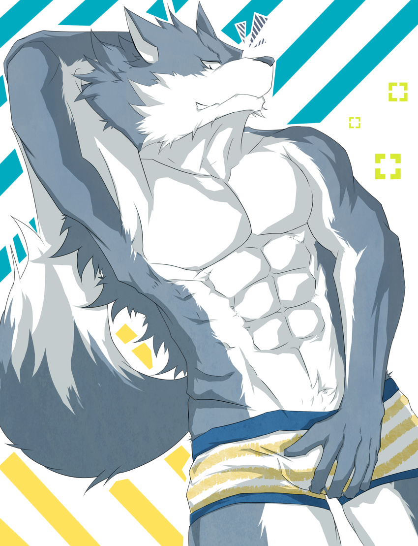 anthro arm_behind_head biceps big_muscles boxers canine fangs flexing fur grey_fur grin looking_at_viewer lying male mammal muscles on_back pecs pose sergeant_match smile solo teeth toned topless underwear unknown_artist white_fur wolf