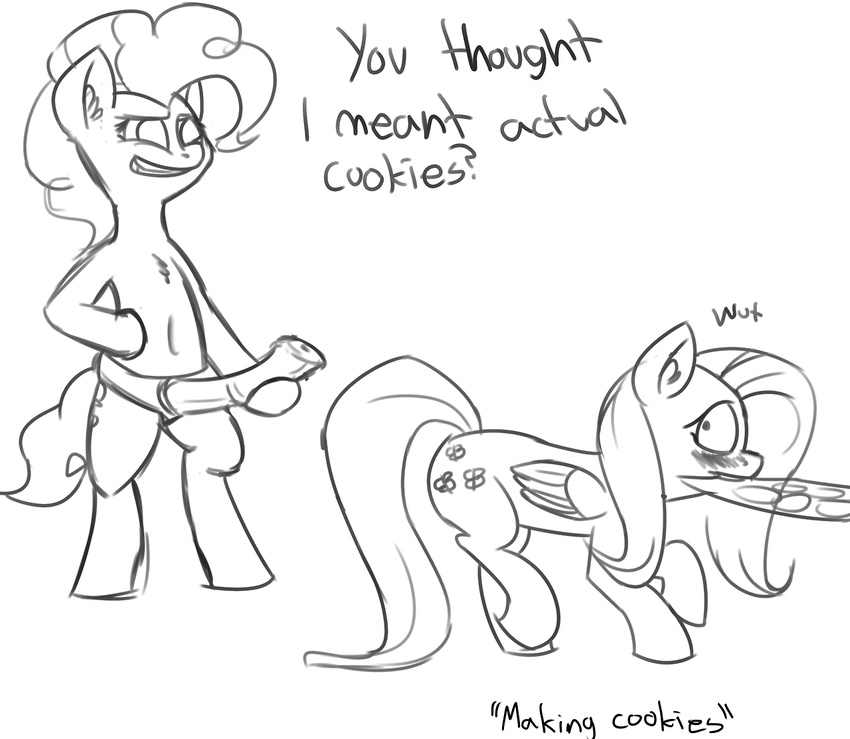 black_and_white blush cutie_mark dialog dildo dissyshy duo english_text equine female feral fluttershy_(mlp) friendship_is_magic hair horse mammal monochrome my_little_pony pegasus pinkie_pie_(mlp) pony sex_toy standing strapon text wings