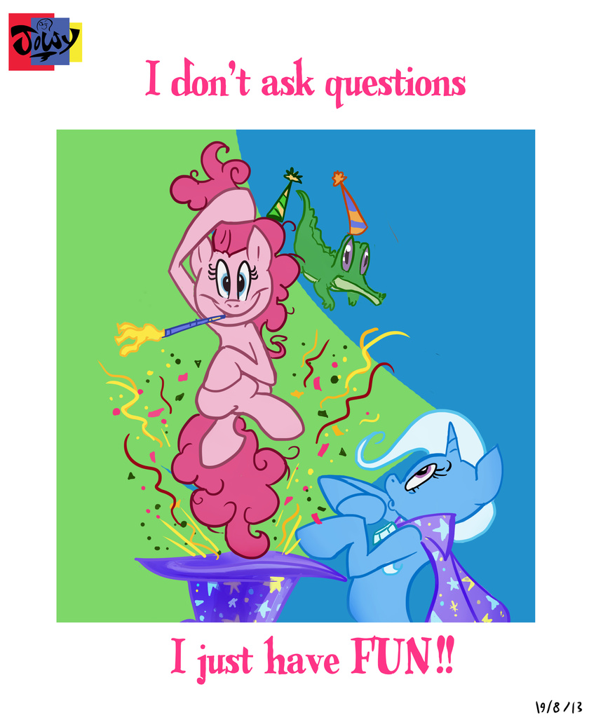 alligator blue_eyes blue_hair cape english_text equine female friendship_is_magic gummy_(mlp) hair hat horn jowybean male mammal my_little_pony party_horn pink_hair pinkie_pie_(mlp) purple_eyes reptile scalie streamers text trixie_(mlp) unicorn wizard_hat