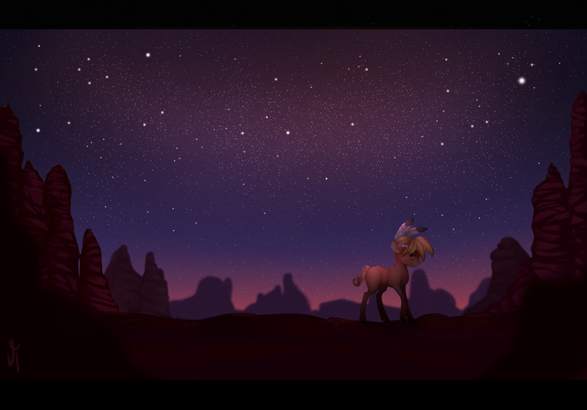 absurd_res bandanna blonde_hair bovine buffalo canyon desert feather female feral friendship_is_magic hair headband hi_res little_strongheart_(mlp) mammal my_little_pony night solo standing stars sunset vardastouch