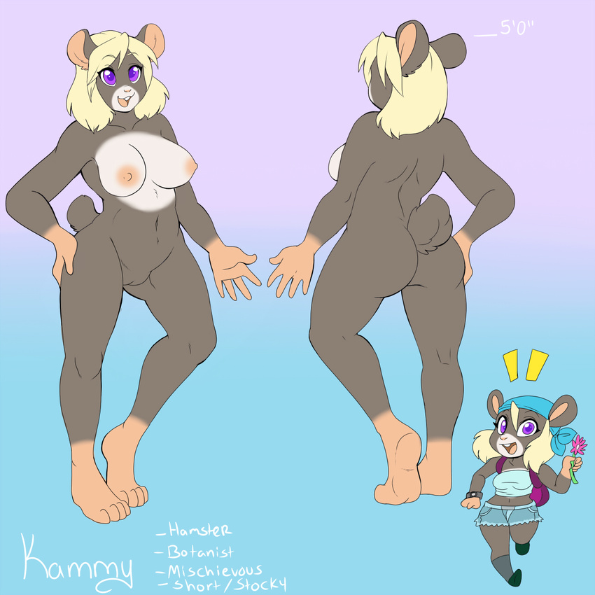 backpack bandanna blonde_hair breasts butt clothing female flower hair hamster hand_on_hip hindpaw kammy mammal midriff model_sheet nipples nude open_mouth paws phsuke purple_eyes pussy rodent shorts skidd solo toes voluptuous