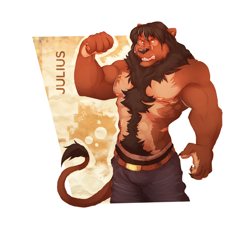 angry anthro belt blue_pants body_hair brown_fur chest_hair claws clenched_teeth clothing feline flexing fur growl hairy happy_trail julius lion male mammal mane muscles nipples pink_nipples plain_background scar tail_tuft teeth tuft vetrowolf white_background