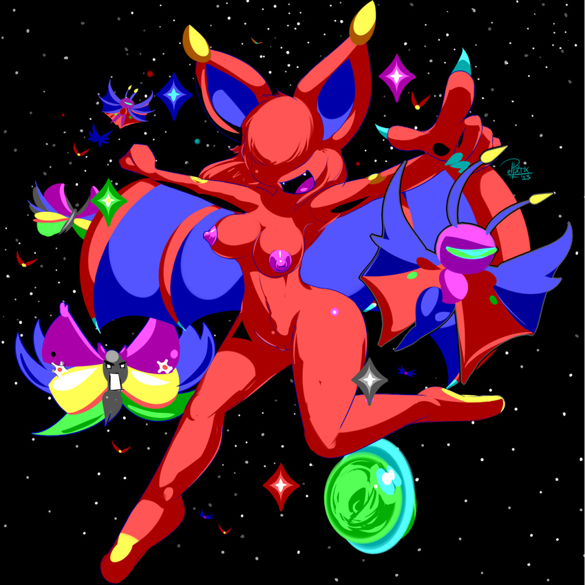 2013 5_fingers :d alternate_color angry antennae anthro anthrofied arthropod bangs bangs_(character) barefoot bat big big_ears blue_skin breasts butterfly elpatrixf fangs female fist hair hair_over_eyes hi_res insect mammal nintendo nipples open_mouth outerspace pink_skin pointing pok&#233;mon pok&#233;morph pok&eacute;mon pok&eacute;morph purple_nipples pussy raised_arm raised_leg red_hair shadow sharp_teeth shiny short_hair solo star teeth tongue video_games wings zubat