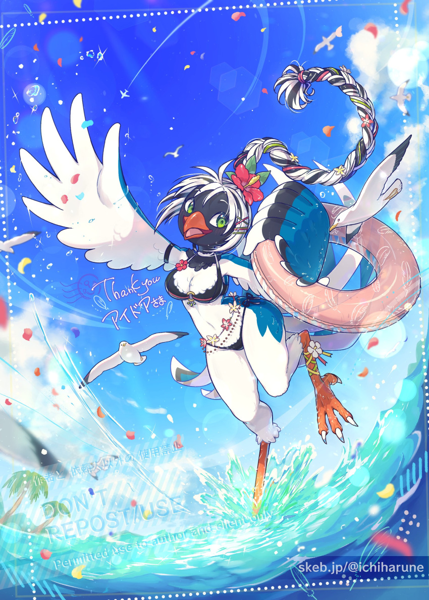absurd_res action_pose alternate_version_at_source anklet anthro avian beak bikini bird black_body black_feathers blue_body blue_feathers breasts cheek_tuft cissa_(idorrth) claws cleavage clothed clothing curvy_figure detailed_background digital_media_(artwork) facial_tuft feathers feet female feral full-length_portrait green_eyes gull hair happy haruneichi hi_res holding_object holding_out_hand inflatable inner_tube jewelry lari larid medium_breasts neck_tuft open_mouth ponytail portrait pose raised_wings small_waist smile solo splash standing stripes swimwear talons toe_claws toes tuft two-piece_swimsuit white_body white_feathers wide_hips wings