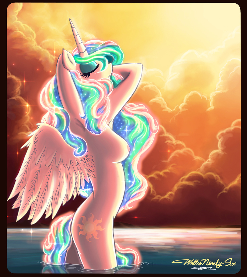 anthro anthrofied breasts cloud cutie_mark equine eyes_closed female friendship_is_magic glowing hair horn horse mammal multi-colored_hair my_little_pony nipples nude outside pony princess_celestia_(mlp) solo sparkles standing sunset water wet willis96 winged_unicorn wings
