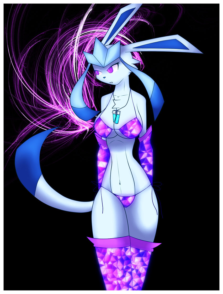 arms_behind_back big_breasts bikini breasts cleavage clothed clothing eeveelution evolution female glaceon glow_sticks glowstick jewelry legwear navel necklace nintendo open_mouth pok&#233;mon pok&#233;morph pok&eacute;mon pokemon r-mk skimpy solo stockings swimsuit tight_clothing tights video_games warmers