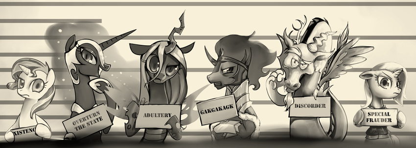 changeling discord_(mlp) draconequus english_text equestria_girls equine facial_hair fangs female feral friendship_is_magic gashiboka grin group hair horn horse king_sombra_(mlp) looking_at_viewer male mammal monochrome my_little_pony nightmare_moon_(mlp) pony queen_chrysalis_(mlp) sunset_shimmer_(eg) text trixie_(mlp) unicorn