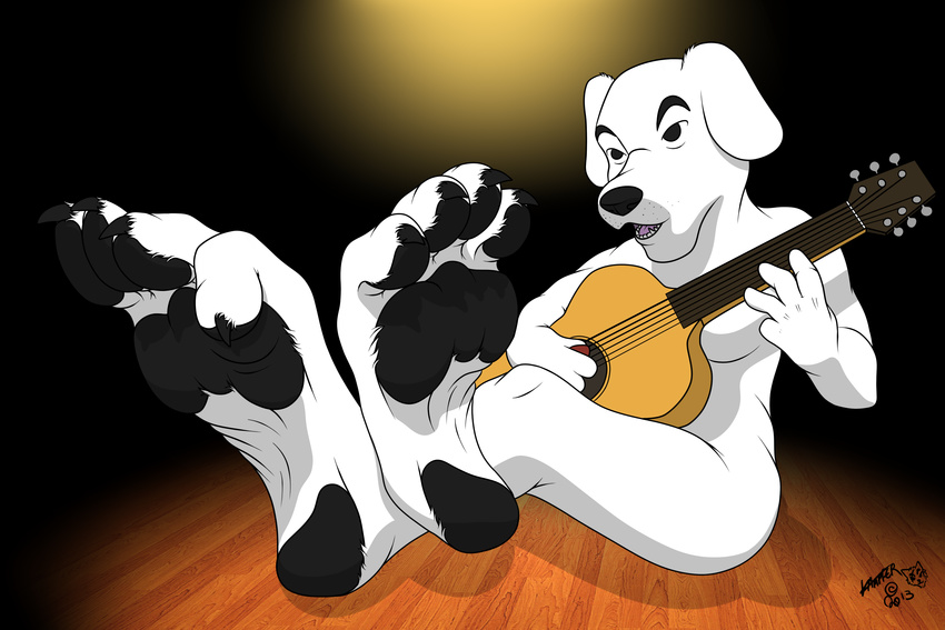 4_toes animal_crossing anthro barefoot black_claws black_eyes black_pawpads blank_stare canine crossed_ankles foot_focus fur guitar hindpaw kk_slider male mammal music nintendo open_mouth pads paws plantigrade raised_hand rpgkampfer sitting soles solo spotlight toe_curl toes video_games white_fur wood_floor