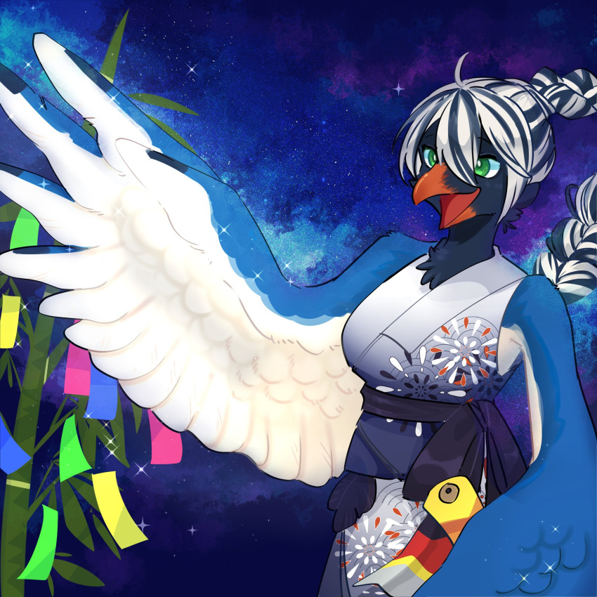 1:1 anthro avian beak bird black_body black_feathers blue_body blue_feathers breasts cheek_tuft cissa_(idorrth) clothing costume detailed_background digital_media_(artwork) dress facial_tuft feathers female green_eyes hair half-length_portrait happy hi_res holding_out_hand neck_tuft open_mouth ponytail portrait raised_wings simple_background small_breasts smile solo standing star stripes tuft urotori white_body white_feathers wings
