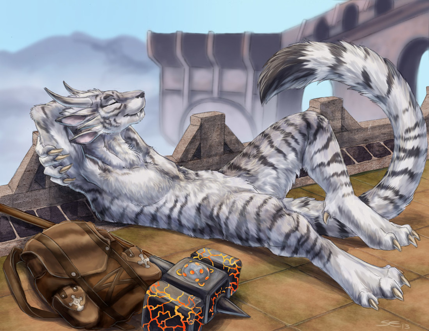ambiguous_gender backpack charr claws eyes_closed feline female flat_chested guild_wars hammer horn lying mammal multiple_ears nude on_back reclining sabretoothed_ermine solo video_games warhammer