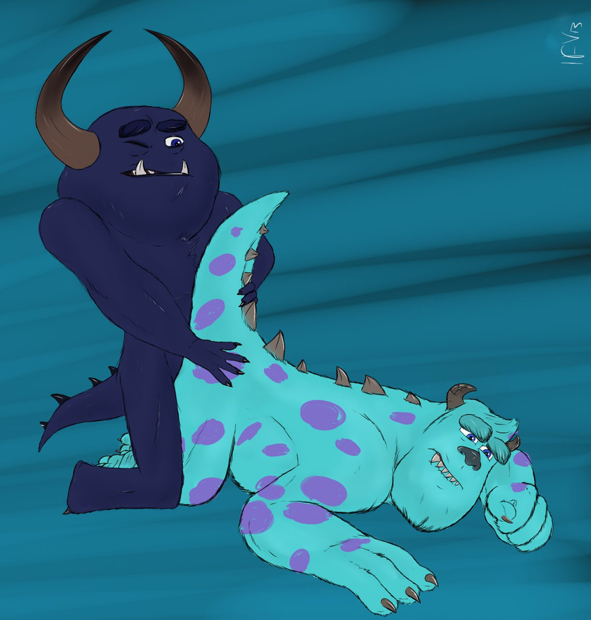 anal biting_lip blue_body blue_eyes disney doggystyle from_behind gay horn ifv johnny_worthington male monster monsters_university pixar purple_body purple_eyes sex spikes sulley tusks