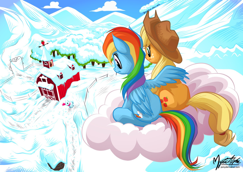 applejack_(mlp) barn blonde_hair blue_fur cloud cowboy_hat cutie_mark equine female feral freckles friendship_is_magic fur green_eyes hair hat horse house mammal mountain multi-colored_hair my_little_pony mysticalpha orange_fur outside pegasus pony purple_eyes rainbow_dash_(mlp) rainbow_hair sitting snow snowing snowman wings