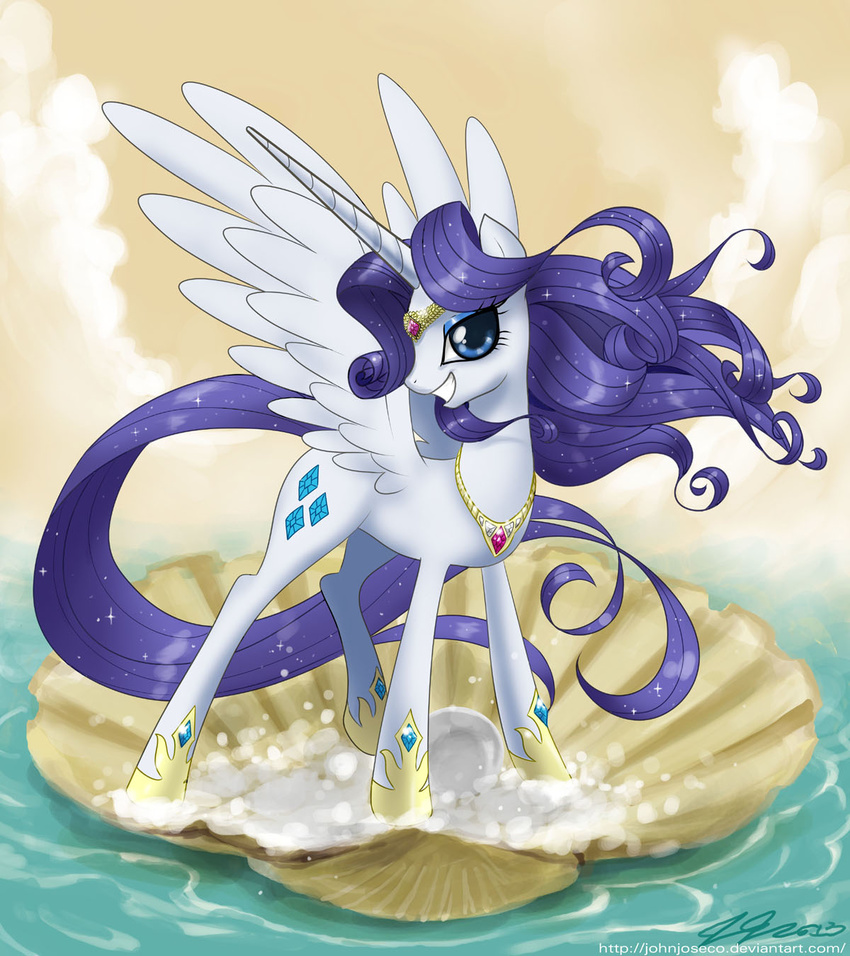 blue_eyes cloud crown cutie_mark equine eyeshadow female feral friendship_is_magic gold hair horn horse inspired_by_proper_art john_joseco long_hair long_tail looking_at_viewer makeup mammal my_little_pony necklace outside pony purple_hair rarity_(mlp) sea_shell seashell shell sky smile solo sparkles water winged_unicorn wings