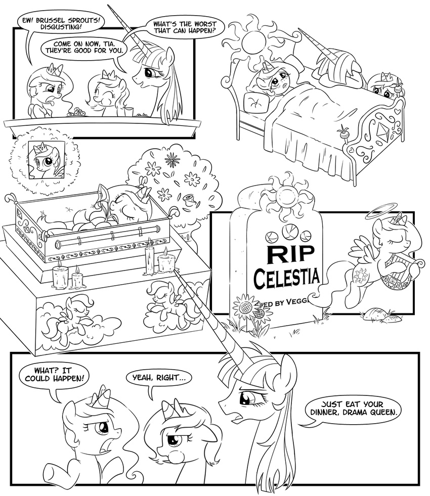 bed black_and_white brussel_sprouts coffin comic crown dead dialog dying eating english_text equine female feral flower flying friendship_is_magic ghost grave group hair halo harp horn horse lauren_faust_(character) mammal monochrome musical_instrument my_little_pony pony princess_celestia_(mlp) princess_luna_(mlp) sketchyjackie spirit text winged_unicorn wings young